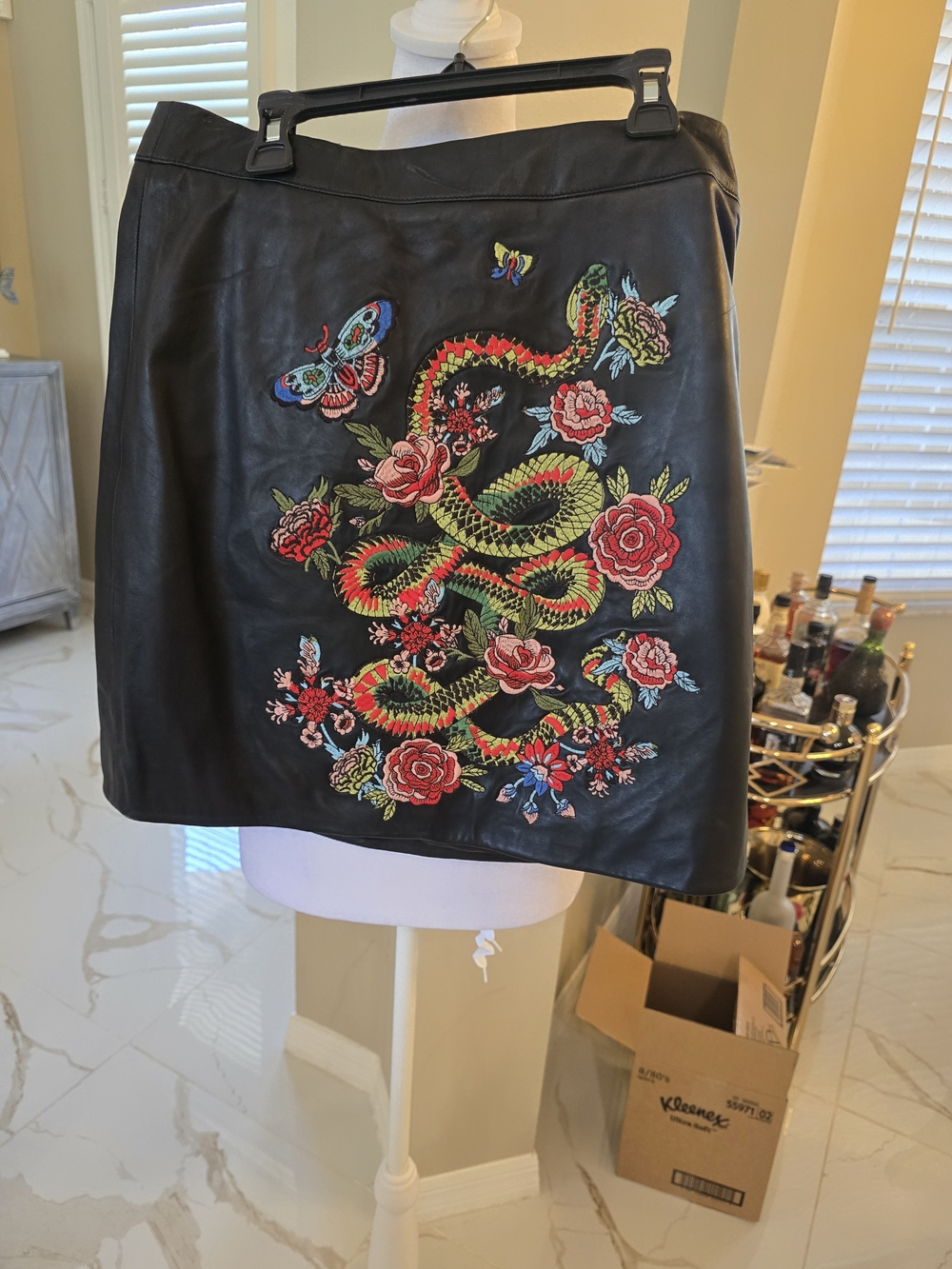 Topshop Black Leather-Look Mini Skirt with Colorful Snake & Rose Embroidery